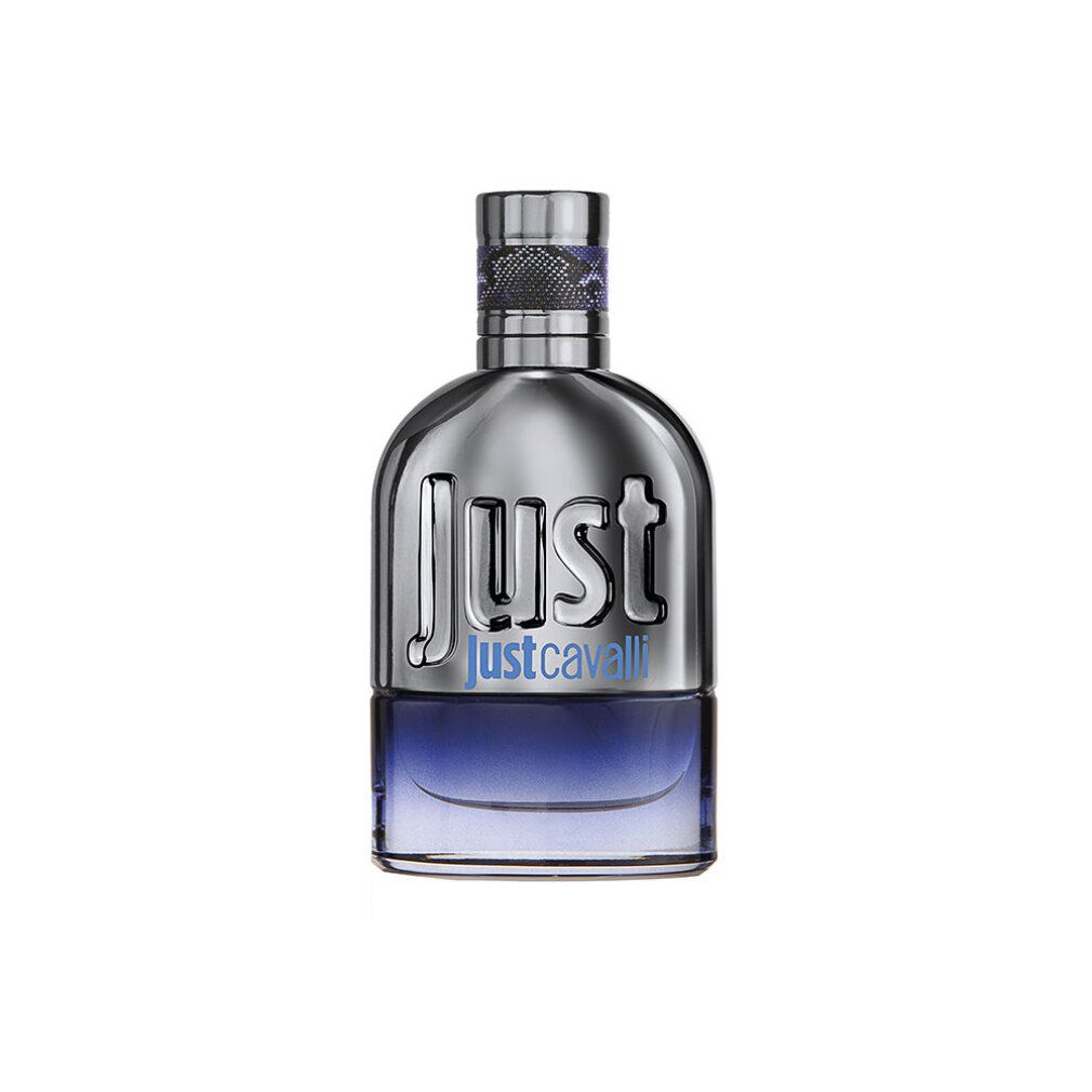 Parfümflakon mit silberfarbenem Deckel und blauer Flüssigkeit. Just Cavalli-Logo.