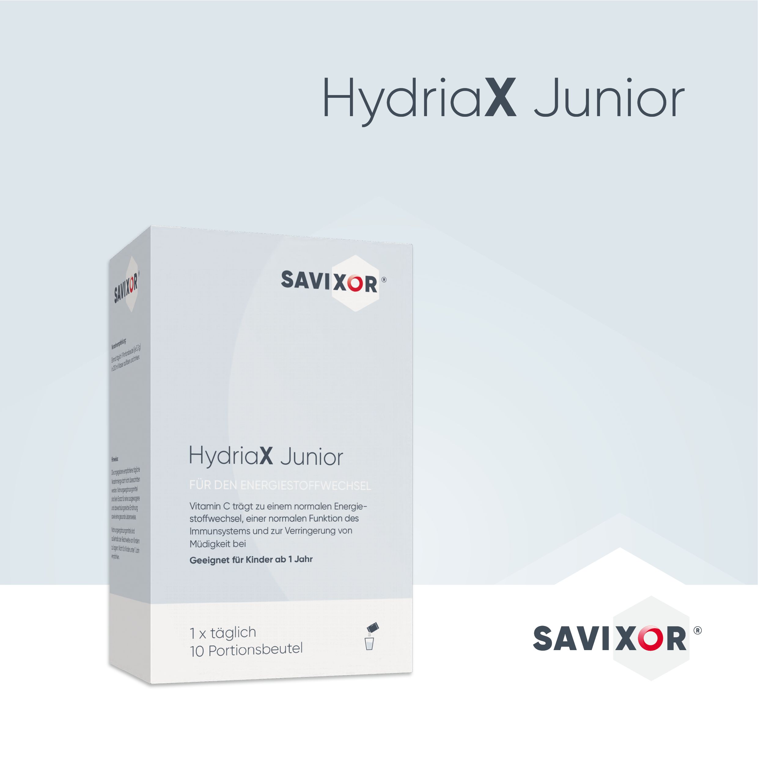 Savixor HydriaX Junior Elektrolyte Pulver für Kinder. Produktverpackung. Enthält Vitamin C. Geeignet für Kinder ab 1 Jahr.