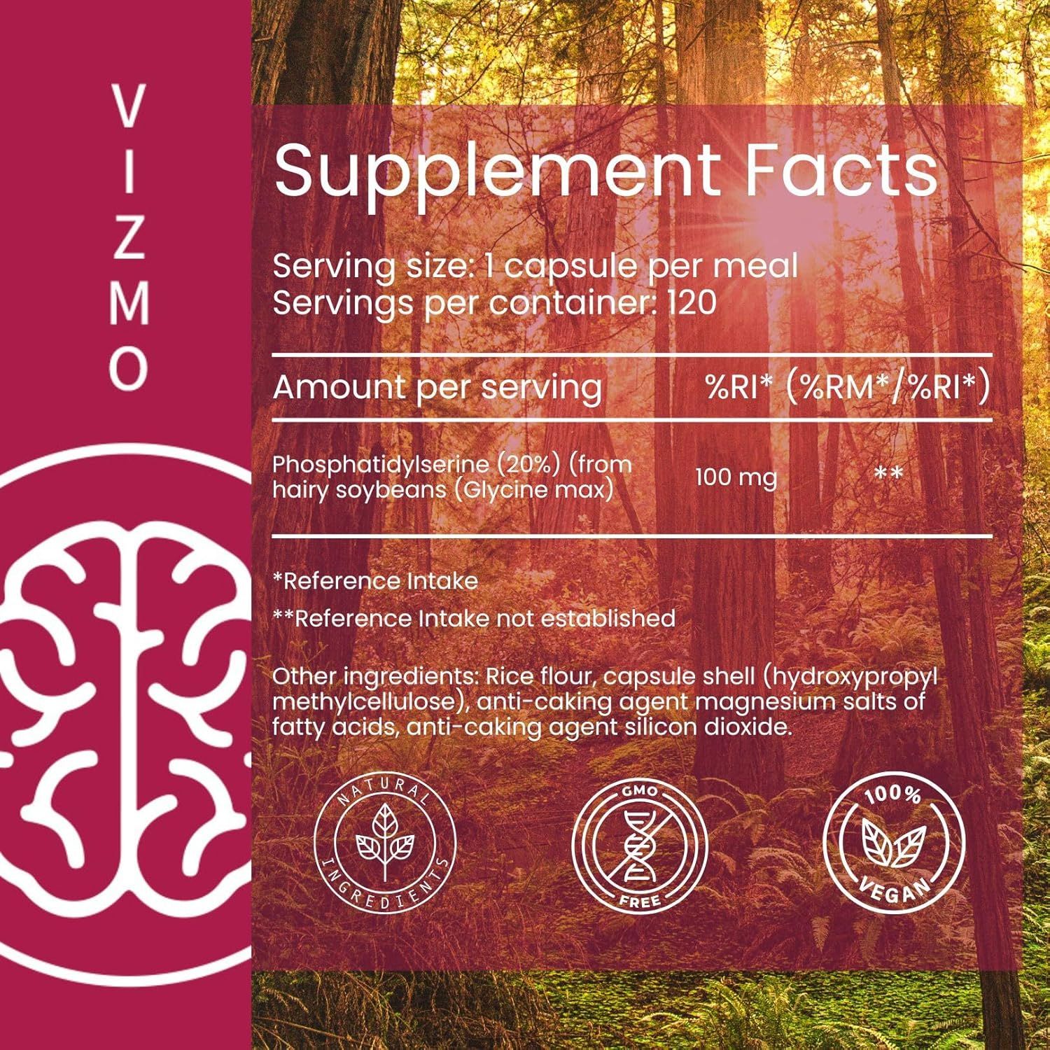 Nährwertangaben. Text: Phosphatidylserin (20%) 100 mg. Logos: Natürliche Inhaltsstoffe, GVO-frei, 100% vegan. Aufschrift: VIZMO.
