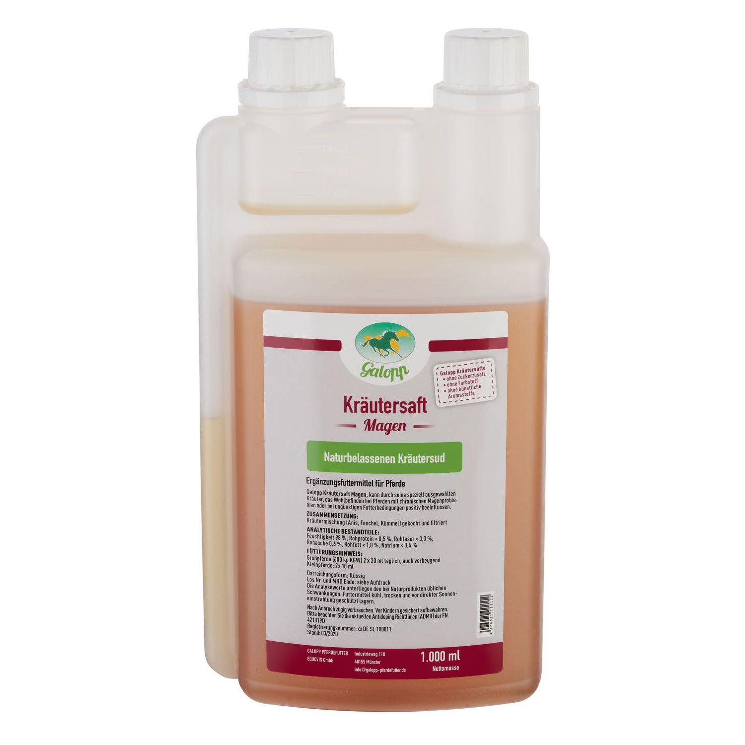 Flasche mit Kräutersaft. Etikett mit Produktname und Logo. Flüssigkeit in Rosa- und Gelbtönen. 1000 ml.