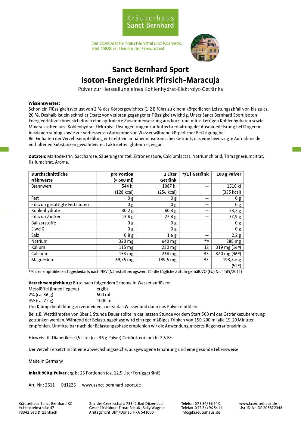 Produktinformationen: Isoton-Energiedrink Pfirsich-Maracuja. Nährwerttabelle, Zutaten, Dosierung, Hinweise.