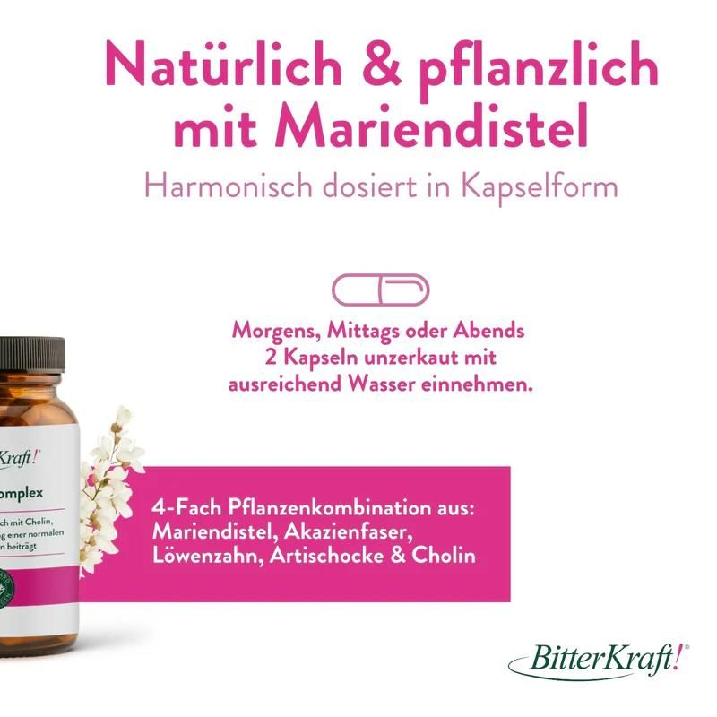 Kapseln neben Produktflasche. Text: Natürlich & pflanzlich mit Mariendistel. Harmonisch dosiert in Kapselform. Einnahmeempfehlung.