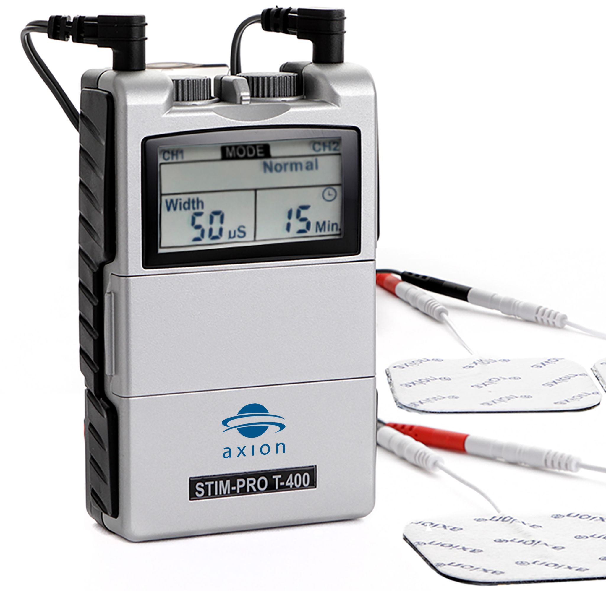 TENS-Gerät STIM-PRO T-400 mit Elektroden und Kabeln. Digitales Display mit Einstellungen. axion-Logo.