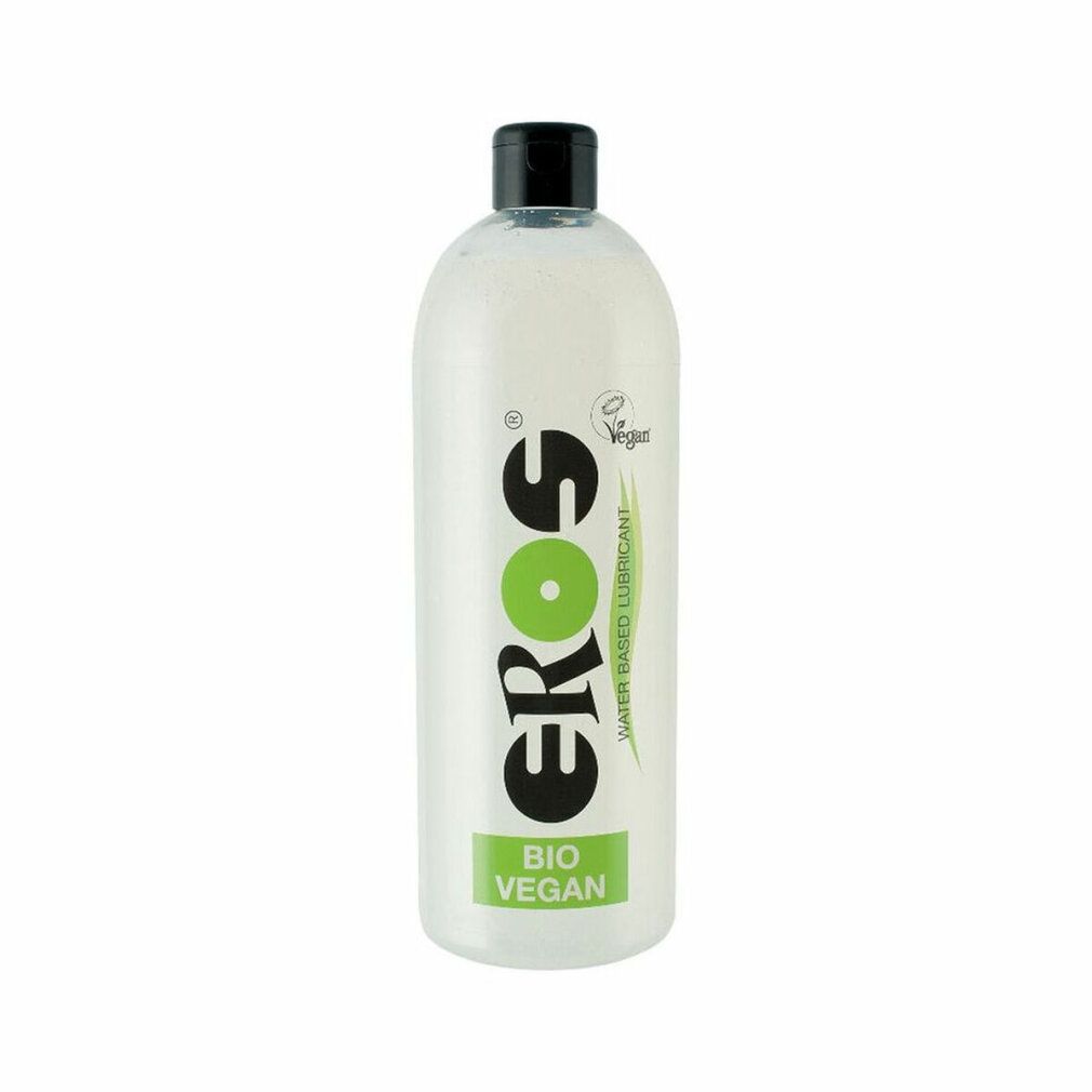 Flasche mit schwarzem Deckel. Aufschrift EROS, BIO VEGAN und Wasserbasiertes Gleitmittel. Vegan-Siegel.