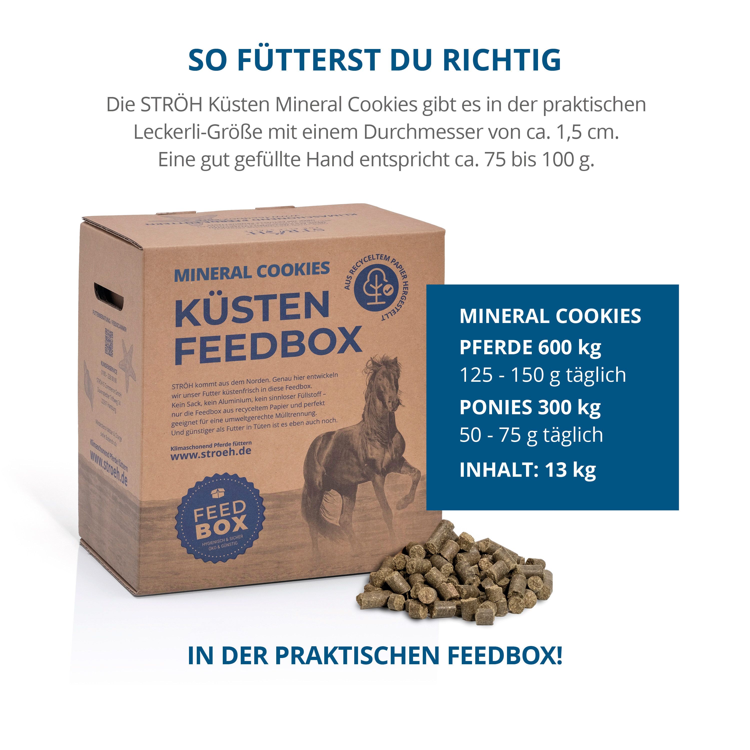 Mineral Cookies Feedbox. Braune Box mit Produktinformationen und einem Pferd. Grüne Pellets daneben. Text: Fütterungsempfehlung.