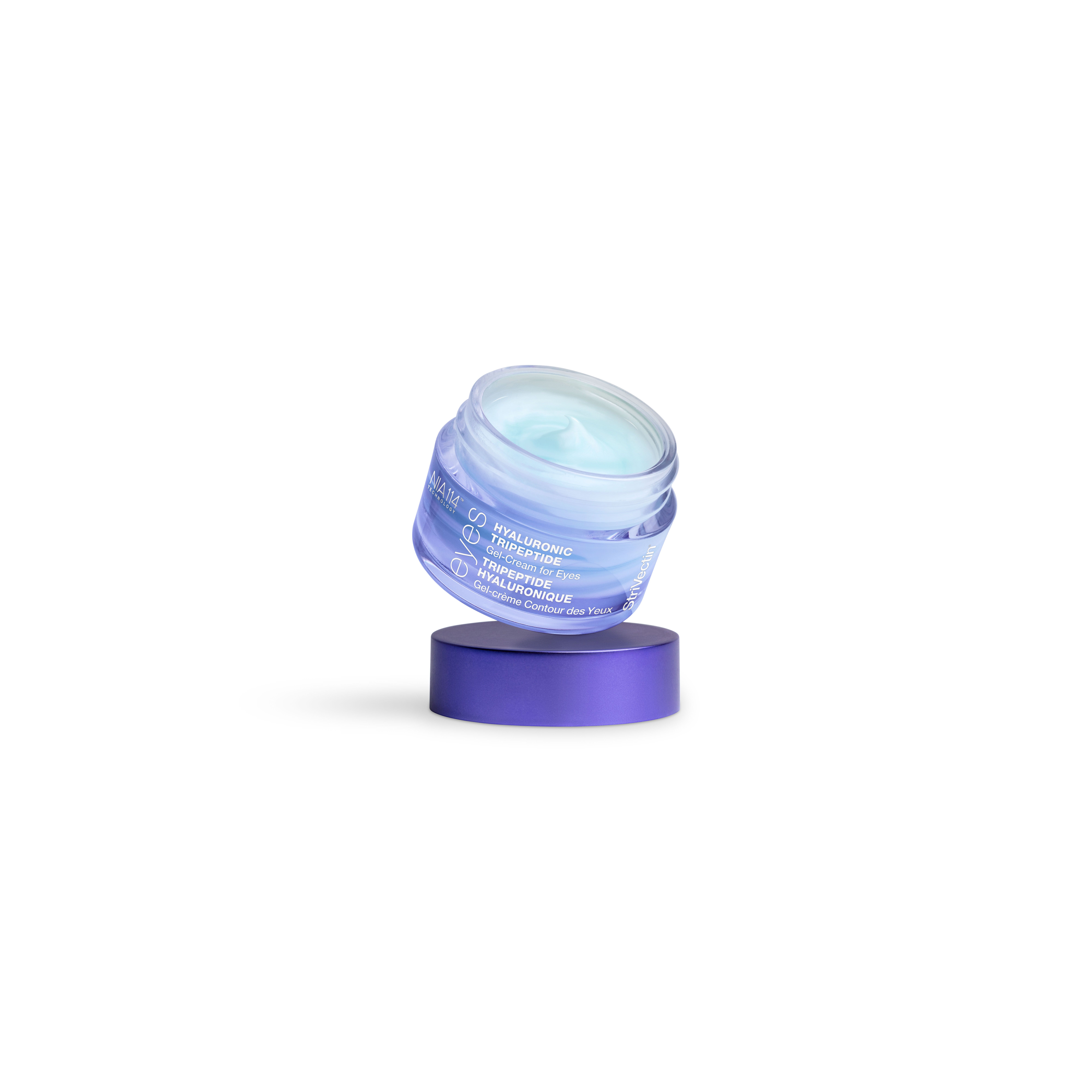 Produktbehälter auf violettem Sockel. Aufschrift: HYALURONIC TRIPEPTIDE Gel-Cream for Eyes. Marke: Strivectin.