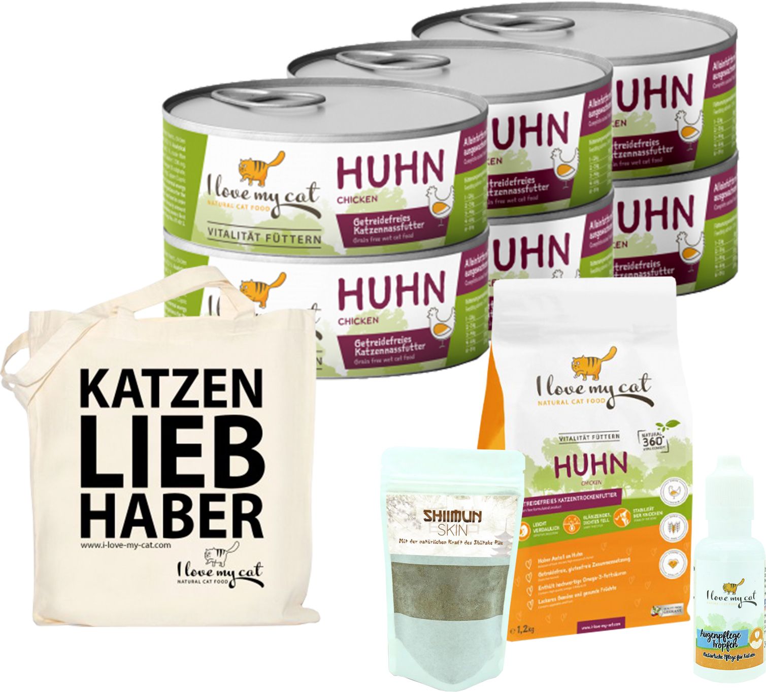 Mehrere Dosen und Beutel Katzenfutter mit Huhn, eine Stofftasche mit Text, eine Tüte Kräuter und eine Flasche.