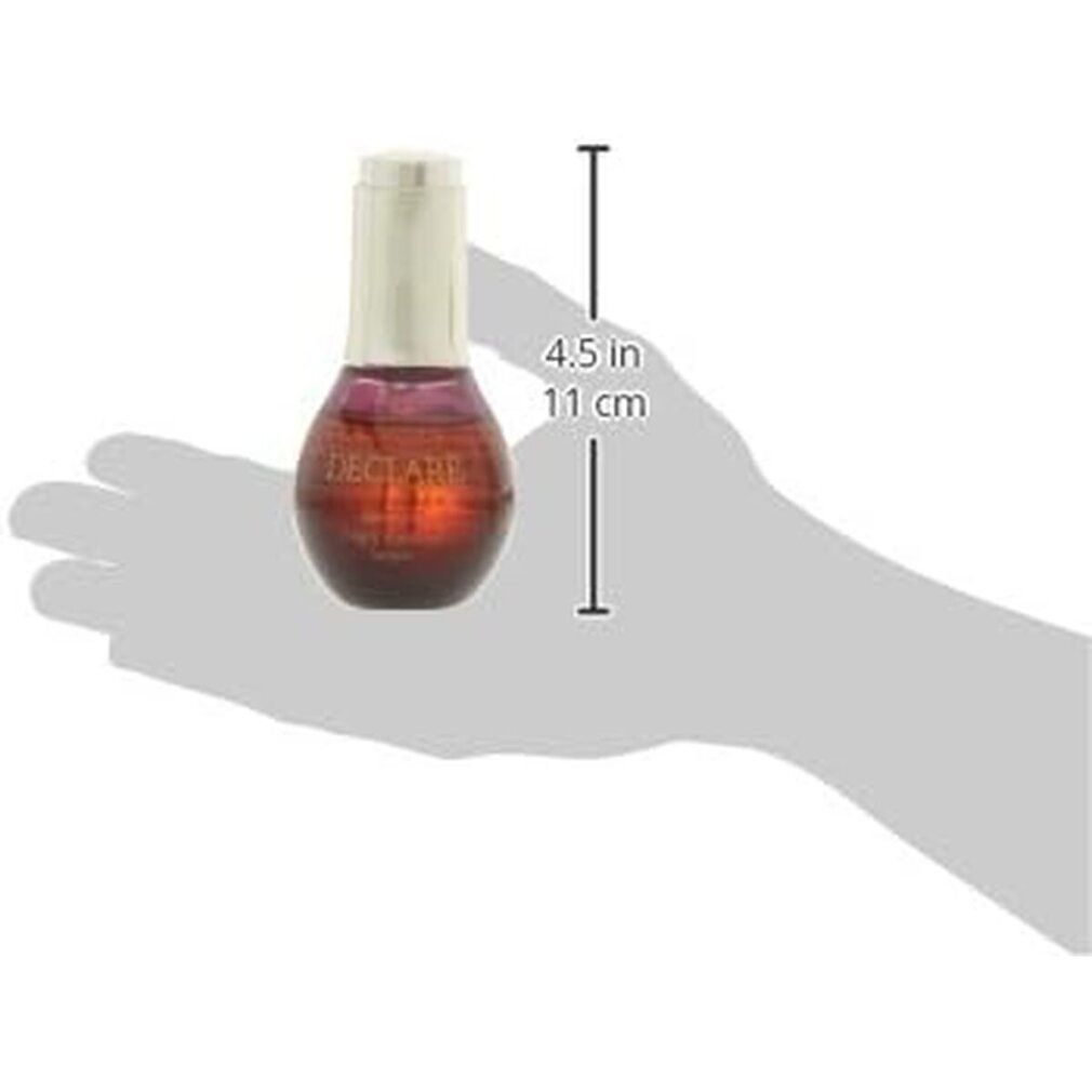 Serumflasche in Hand gehalten. Maße: 4,5 Zoll (11 cm). Aufschrift: DECLARE, agecontrol Night Essential Serum.