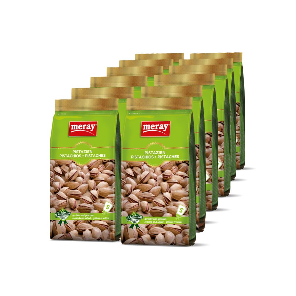 Mehrere Packungen Pistazien in der Schale. Grün-goldene Verpackung mit "meray" Logo und Produktbezeichnung. Pistazien sind sichtbar.