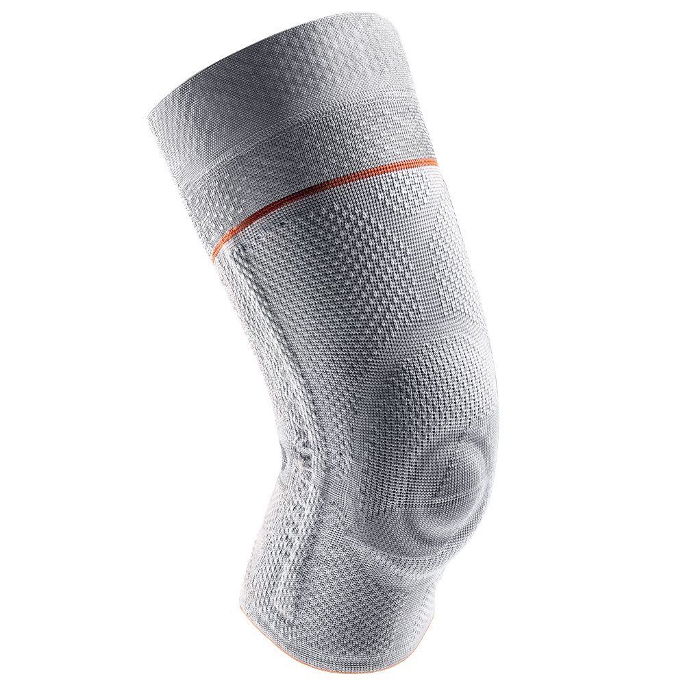 Graue Kniebandage aus atmungsaktivem Material mit rotem Rand und eingewebten Mustern.