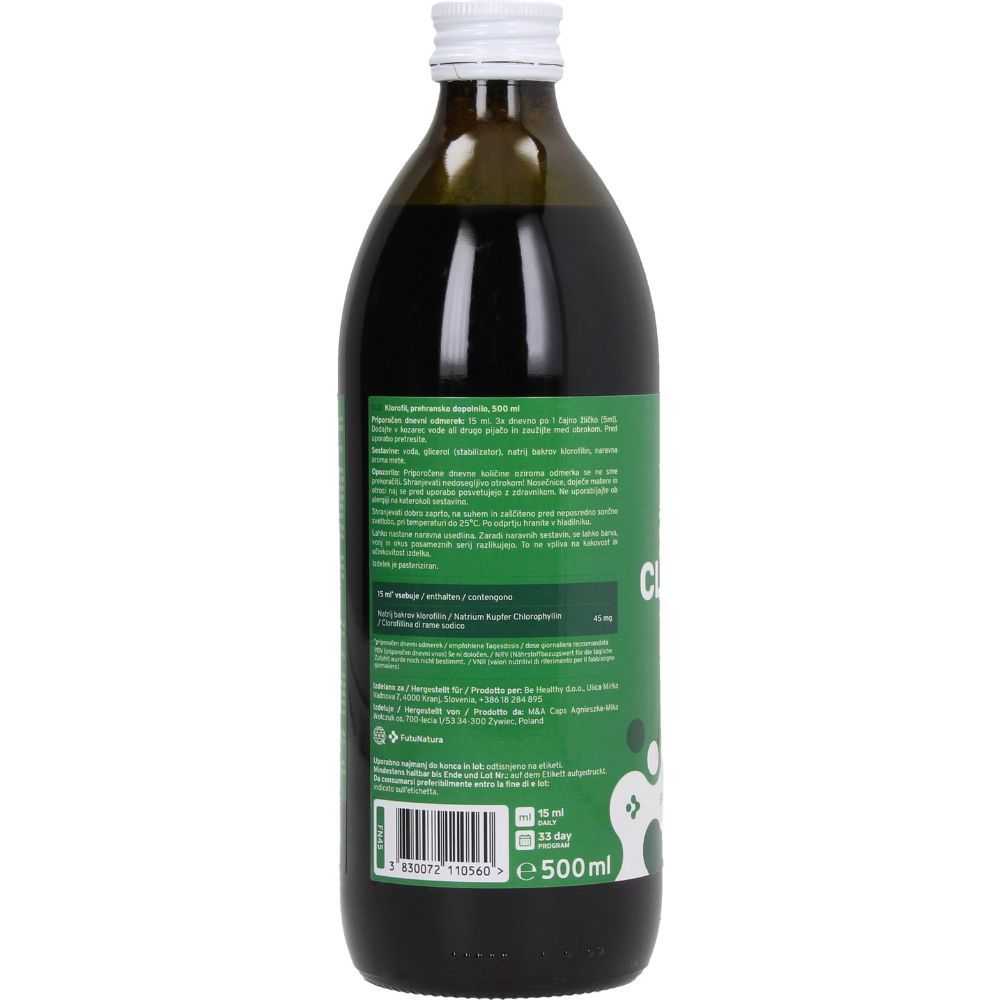 Rückseite einer grünen Glasflasche. Etikett mit Informationen zu Inhaltsstoffen, Nährwerten, Gebrauchsanweisung und EAN-Code.