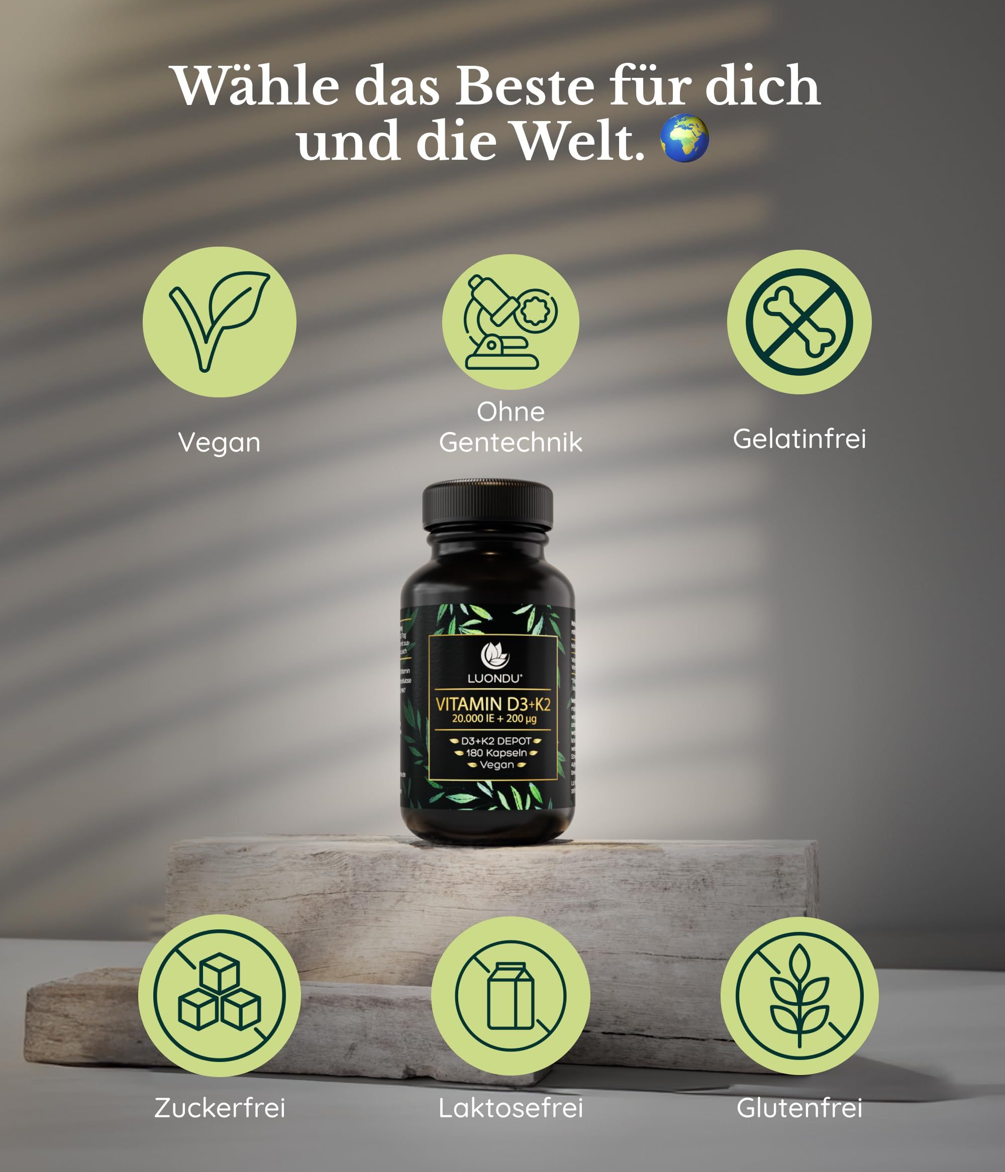 Luondu Vitamin D3+K2: Vegan, ohne Gentechnik, gelatinefrei, zuckerfrei.