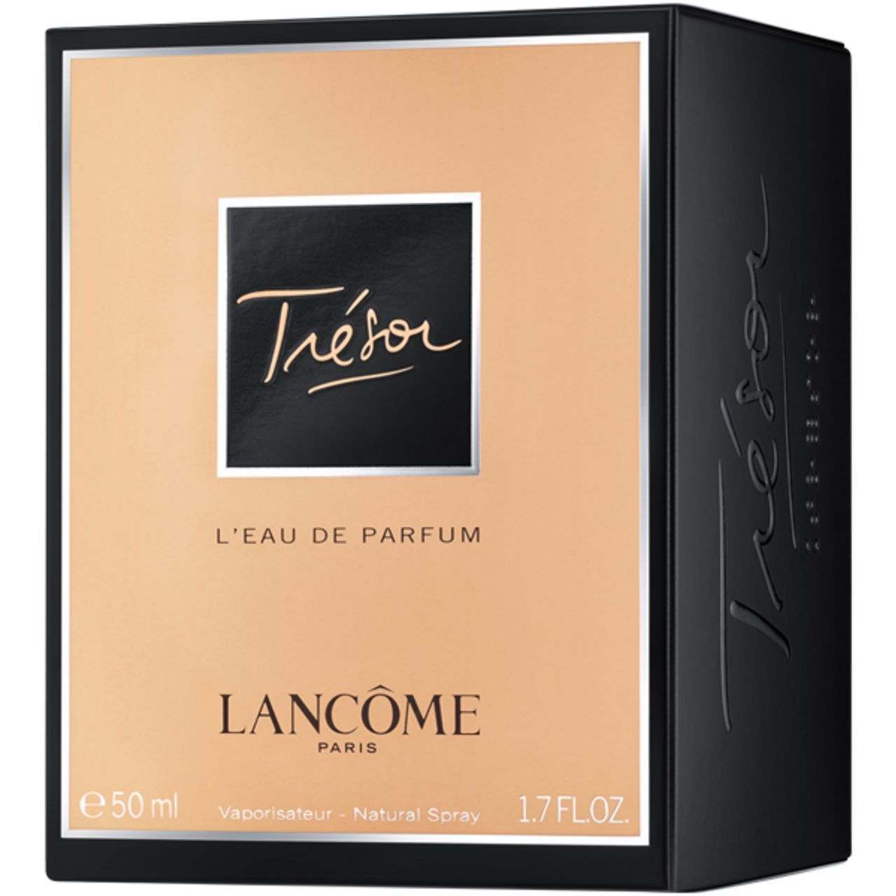 Verpackung mit Produktnamen Trésor. Schwarzer Rahmen mit goldfarbenem Hintergrund. Text: L'EAU DE PARFUM.