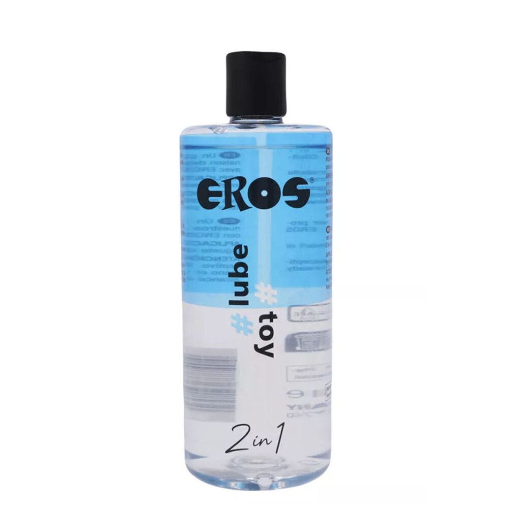 Flasche mit blauem und transparentem Inhalt. Aufschrift EROS, #lube, #toy, 2in1. Schwarzer Deckel.