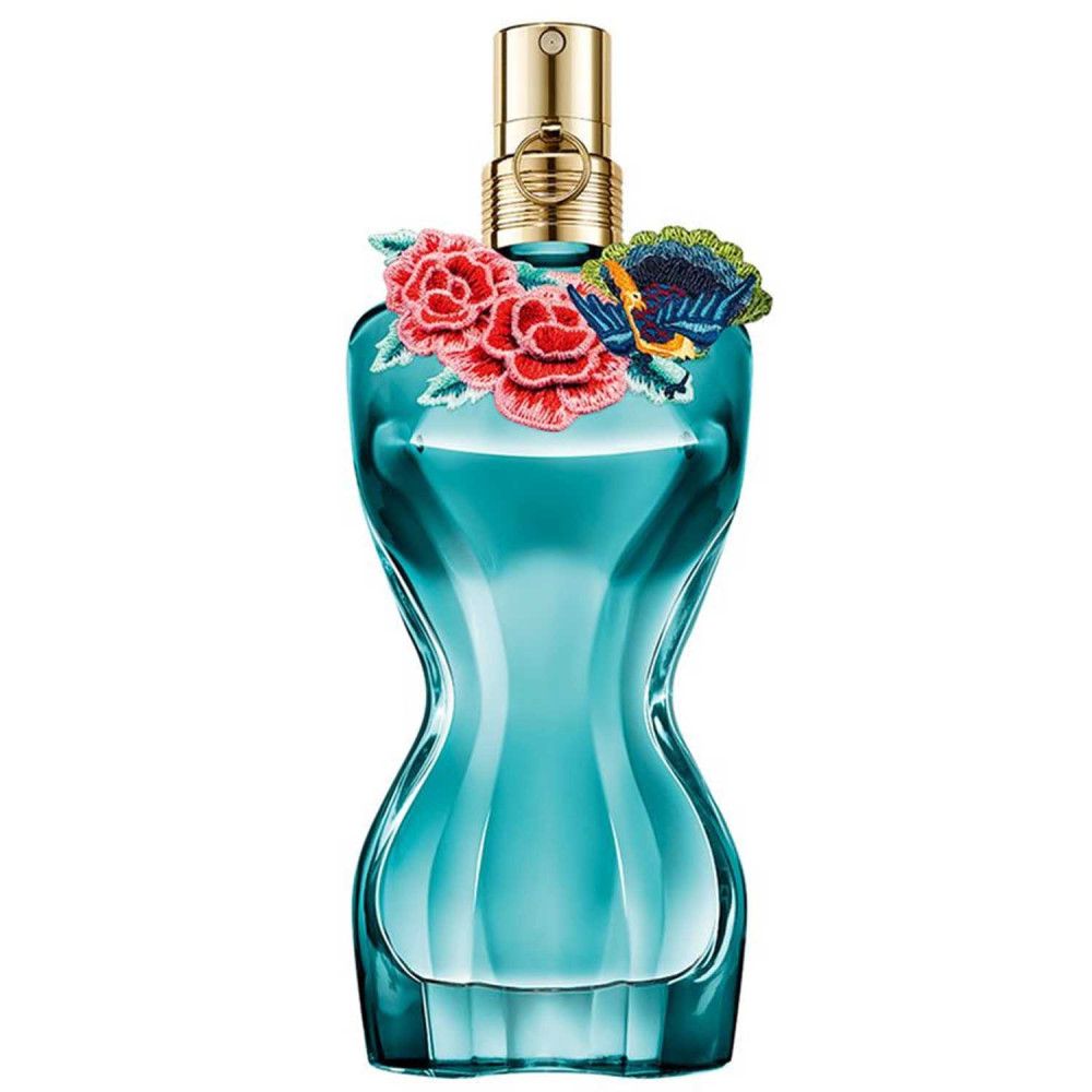 Türkis geformter Flakon mit goldenem Verschluss, verziert mit roten Rosen und einem blauen Schmetterling.