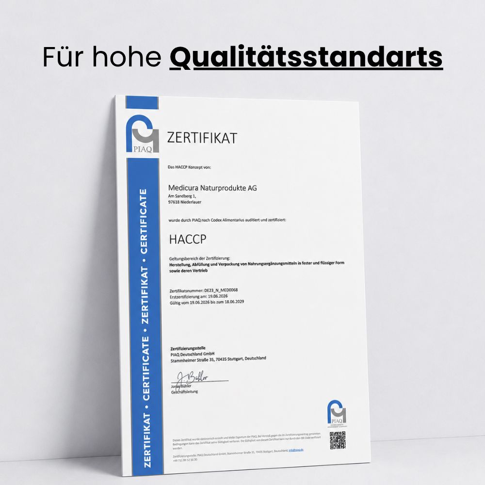 HACCP-Zertifikat für hohe Qualitätsstandards von Medicura Naturprodukte AG.