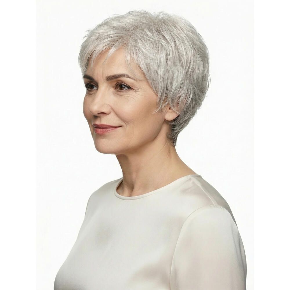 Kurze, graue Perücke. Die Frisur ist leicht gestuft und fällt locker. Die Perücke bedeckt den Kopf einer Frau, die ein weißes Oberteil trägt.