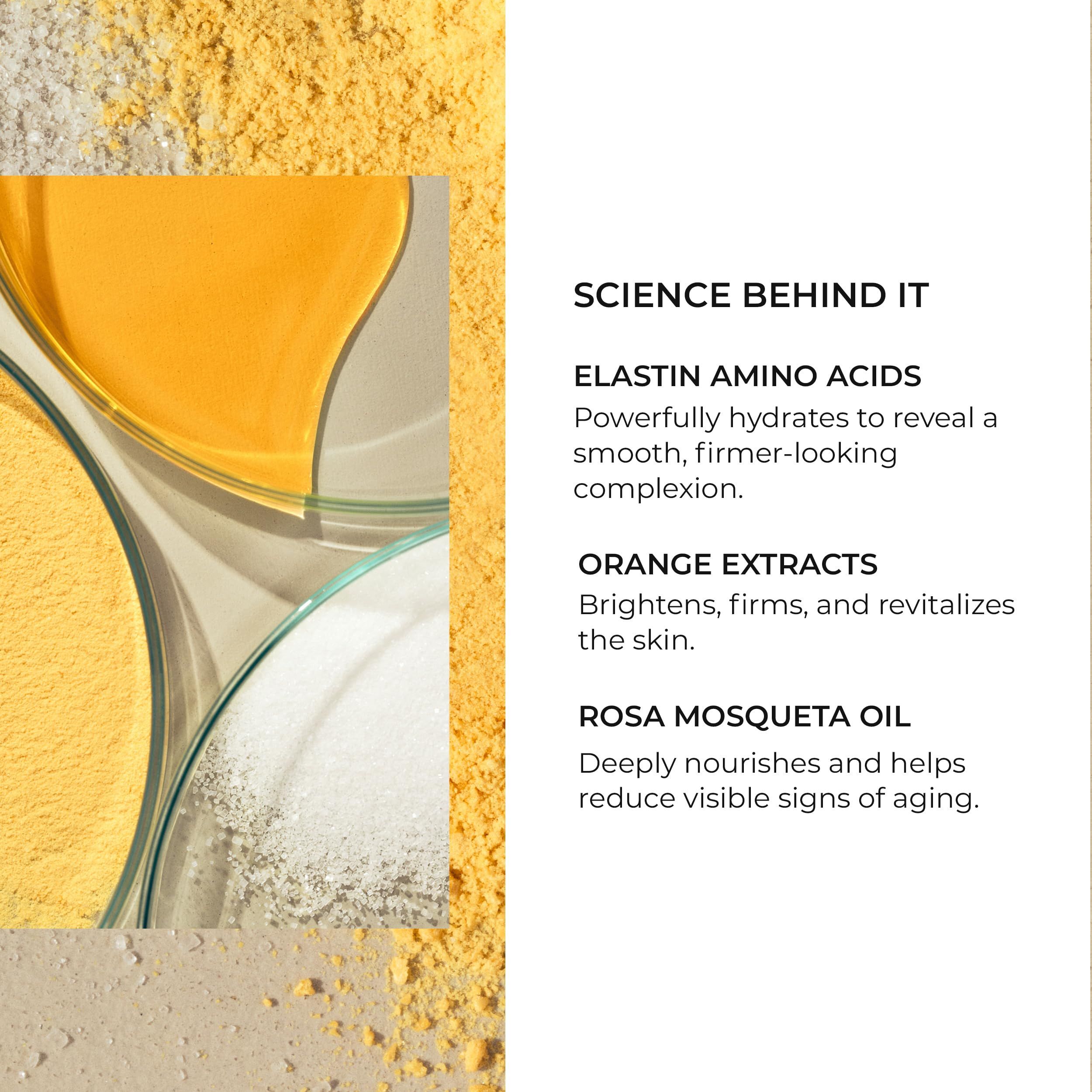 Nahaufnahme von Laborbehältern mit Inhaltsstoffen. Text: Elastin Amino Acids, Orange Extracts, Rosa Mosqueta Oil.