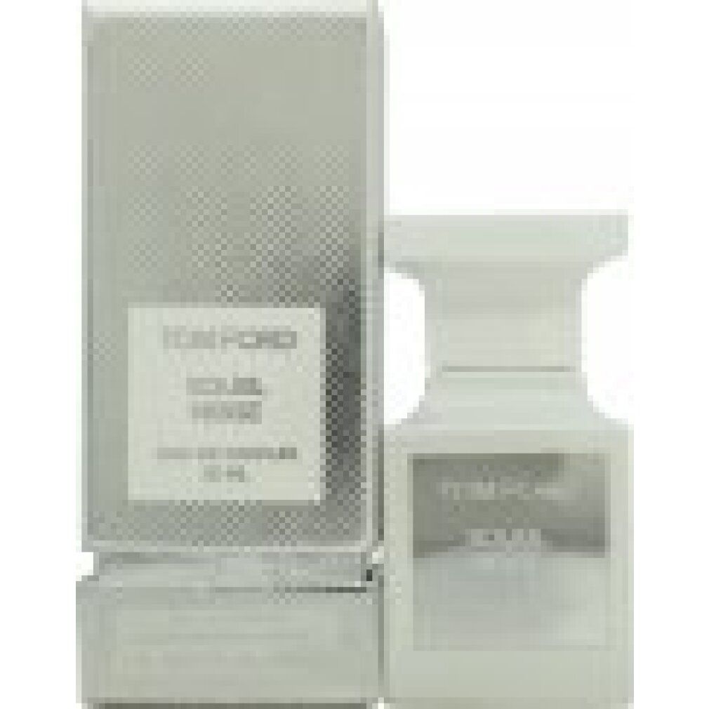 Weißer Flakon und silberne Verpackung. Aufschrift: TOM FORD, SOLEIL NEIGE, 30 ml.