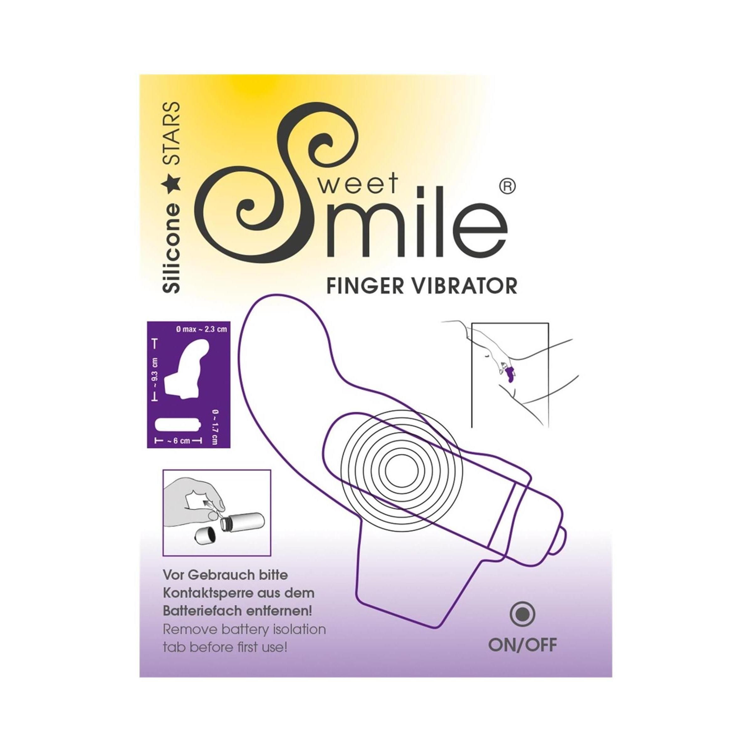 Verpackung mit Produktabbildung. Text: Sweet Smile Finger Vibrator. Illustrationen und Text in Deutsch.
