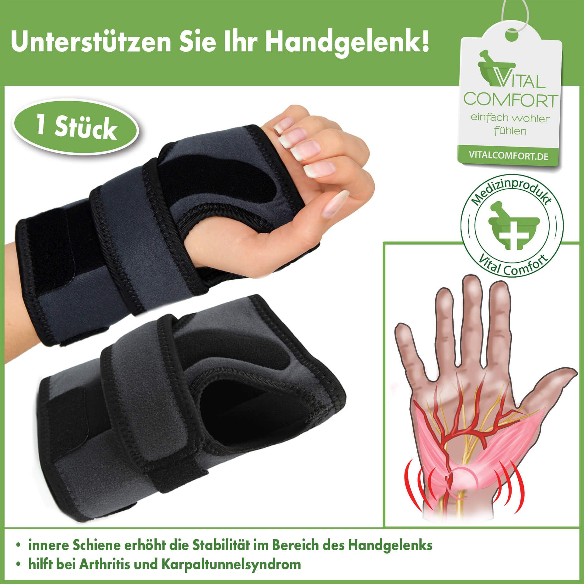 Vital Comfort Handgelenkbandage bei Arthrose und Karpaltunnel, erhöht die Stabilität des Handgelenks 1 St