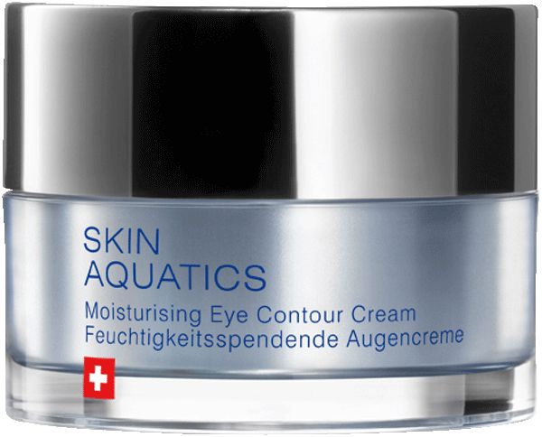 Cremebehälter mit silbernem Deckel. Aufschrift SKIN AQUATICS, Moisturising Eye Contour Cream, Schweizer Kreuz.