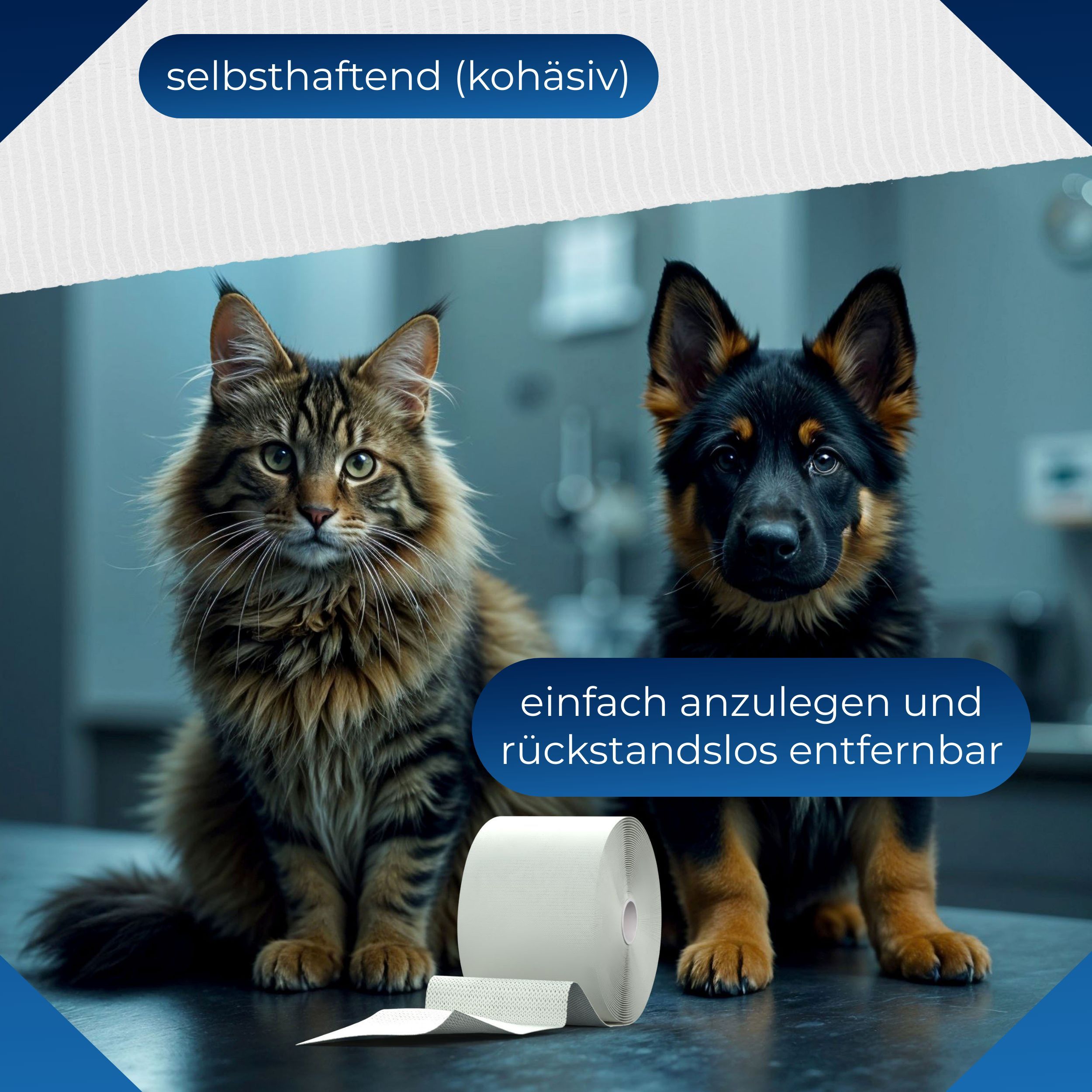 Fixierbinde neben Katze und Hund. Text: selbsthaftend (kohäsiv), einfach anzulegen und rückstandslos entfernbar.
