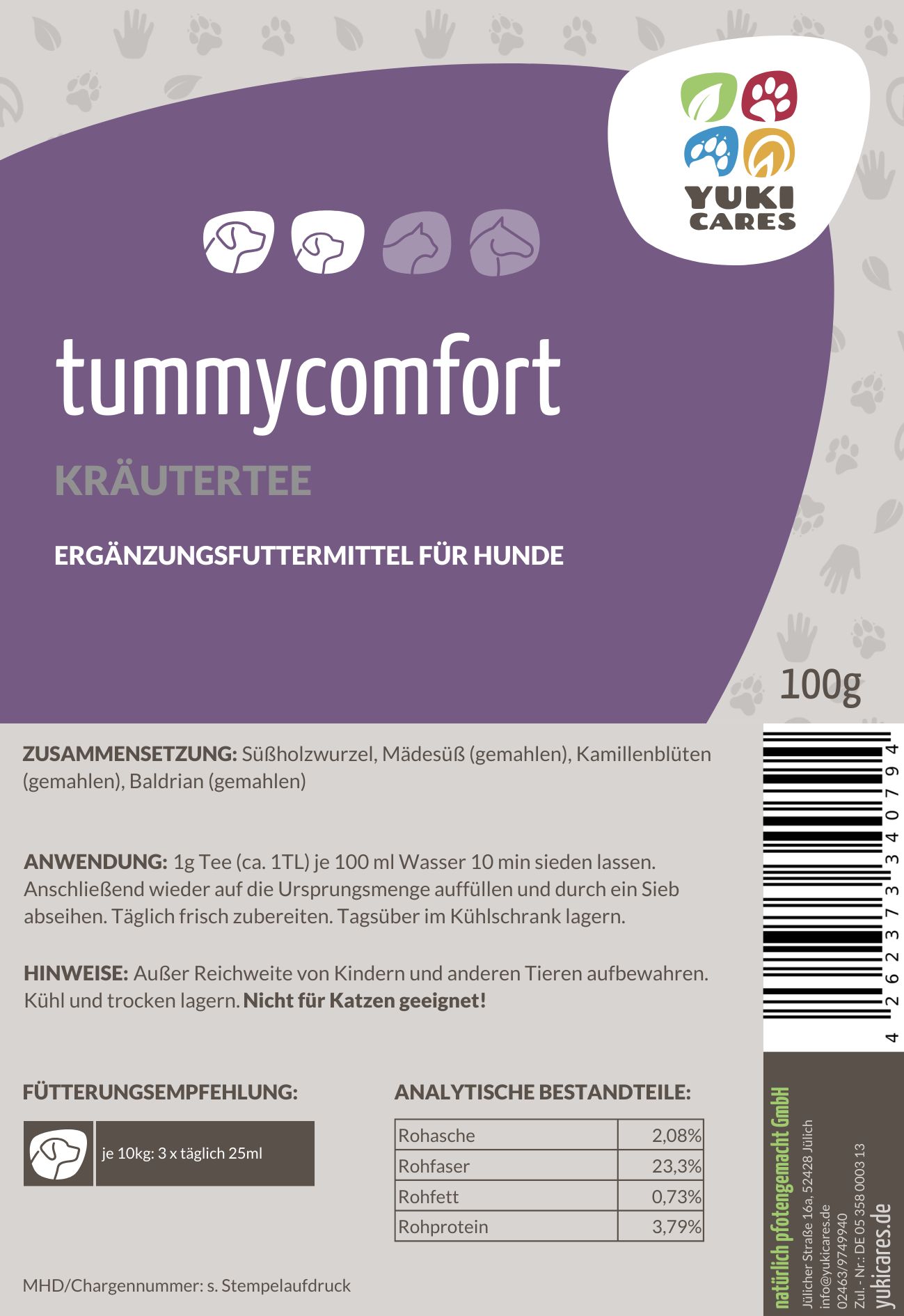Verpackung von Yuki cares Magenruhe Kräutertee. Produktname: tummycomfort Kräutertee. Ergänzungsfuttermittel für Hunde. 100g.