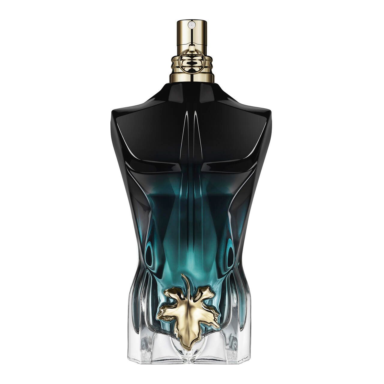 Parfümflakon in Form eines Oberkörpers. Schwarz-blaues Glas, goldfarbener Verschluss und Verzierung.