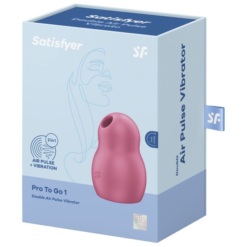 Verpackung mit Produktabbildung. Text: Satisfyer, Pro To Go 1, Air Pulse Vibrator. Logo.