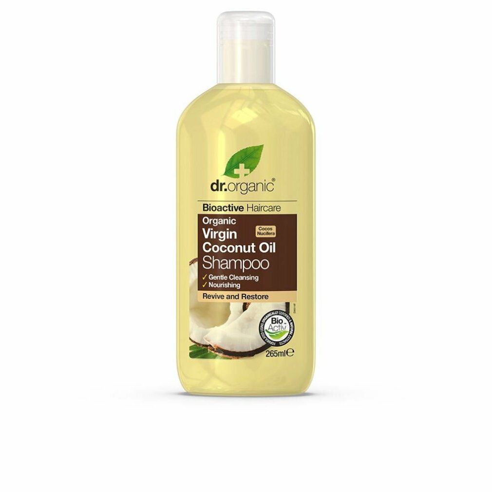 Dr. Organic Virgin Coconut Oil Shampoo. Gelbe Flasche mit weißem Deckel. Braunes Etikett mit Produktinformationen und Kokosnuss-Abbildung.