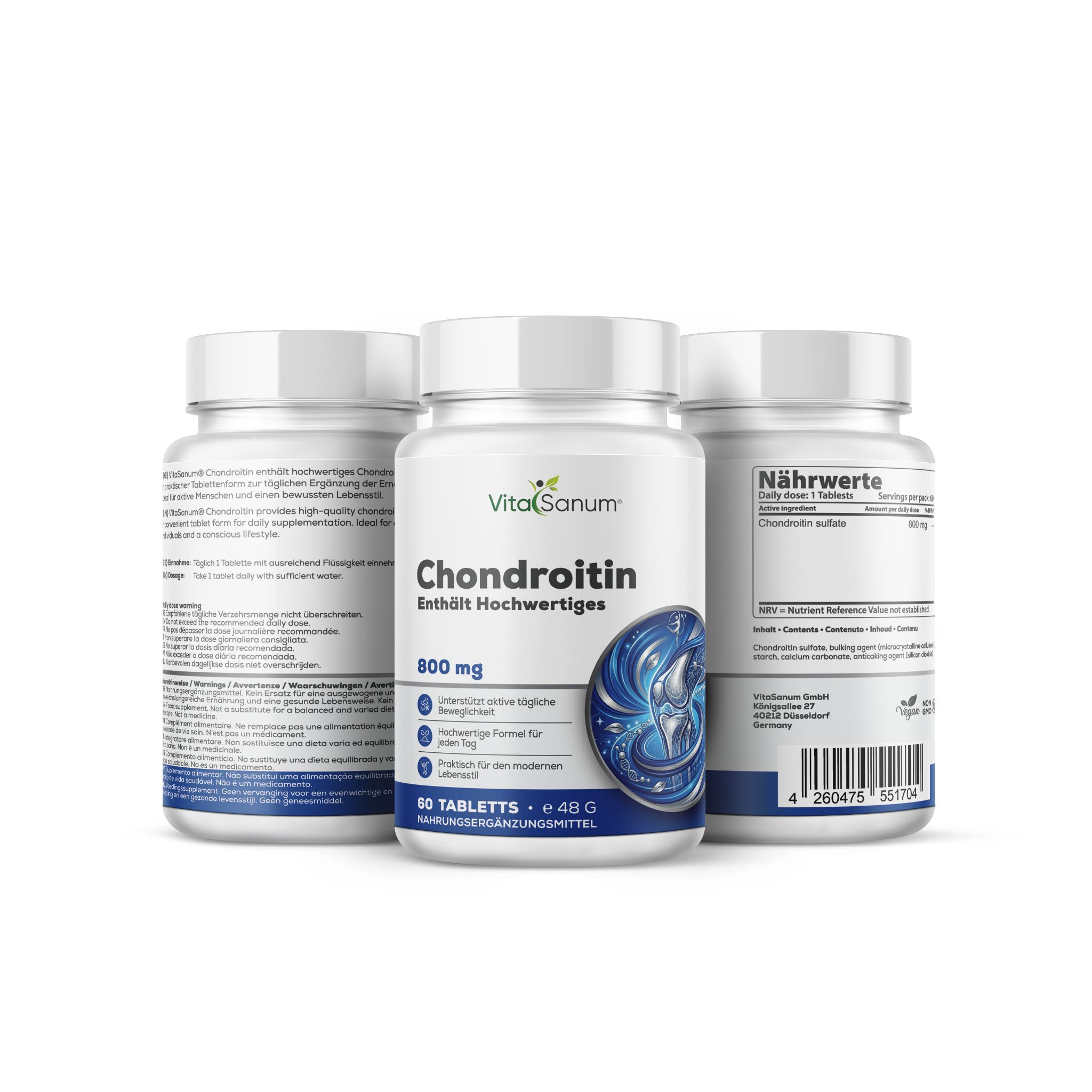 VitaSanum Chondroitin 800 mg Tabletten: Drei weiße Behälter mit blauen Etiketten, eines zeigt Rückseite mit Nährwertangaben. Enthält 60 Tabletten.