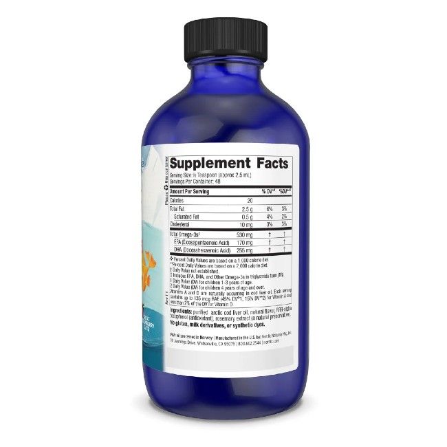 Rückseite der Nordic Naturals Kinder DHA Fischöl-Ergänzung in blauer Flasche mit Nährwertangaben.