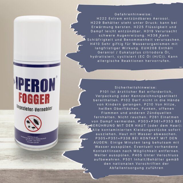 Weiße Sprühdose mit blauem Etikett und roter Schrift. Aufschrift: IPERON FOGGER Ungeziefer-Vernebler. Text: Gefahrenhinweise und Sicherheitshinweise.