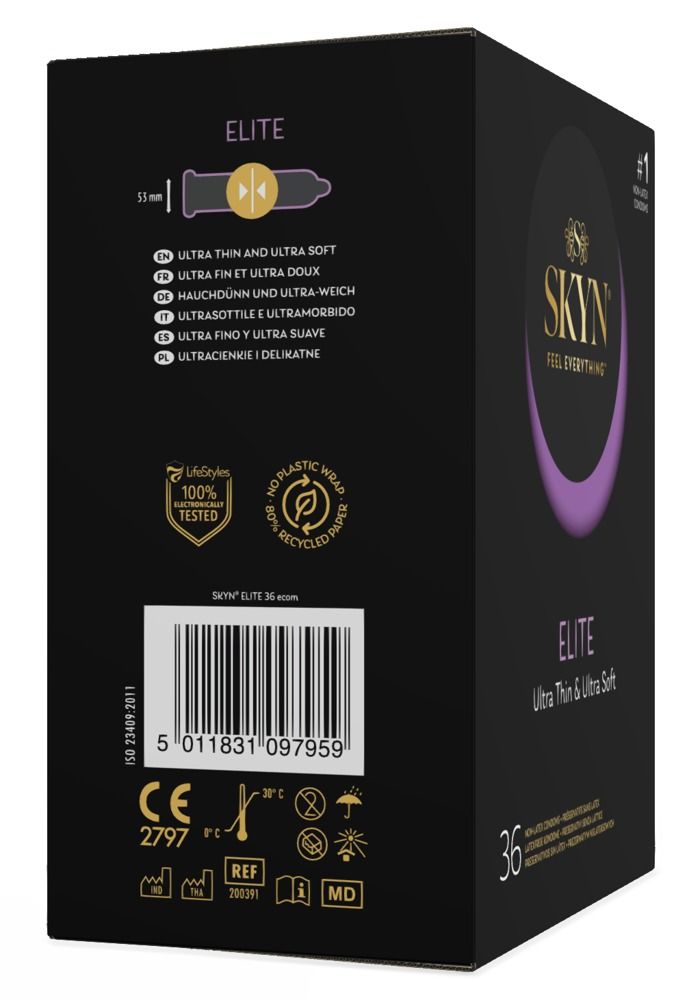Schwarze Verpackung SKYN Elite. Text: Ultra Thin & Ultra Soft. 36 Kondome. Logos: CE, Recycling, 100% getestet.