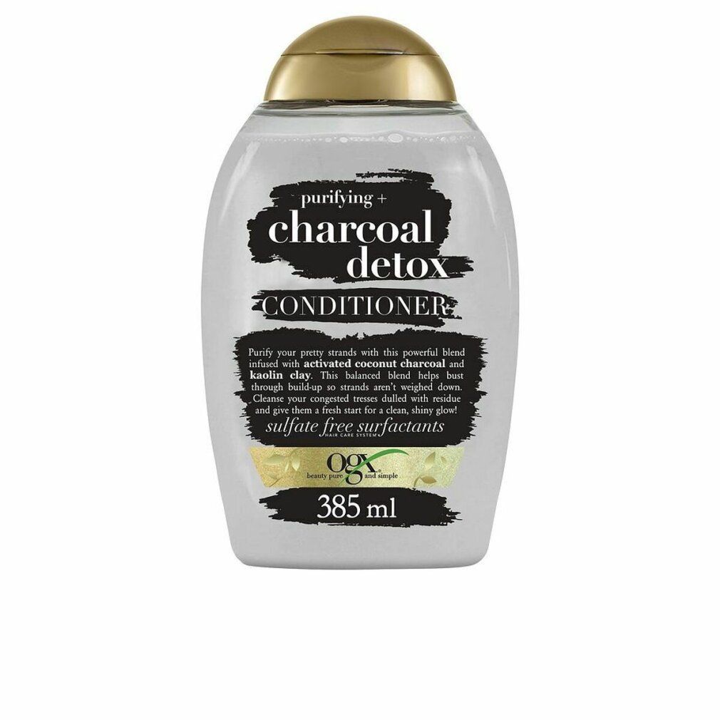 Eine Flasche CHARCOAL DETOX Conditioner. Weißes, ovales Gefäß mit schwarzem Etikett. Goldfarbener Deckel. Text: purifying +, charcoal detox, CONDITIONER.