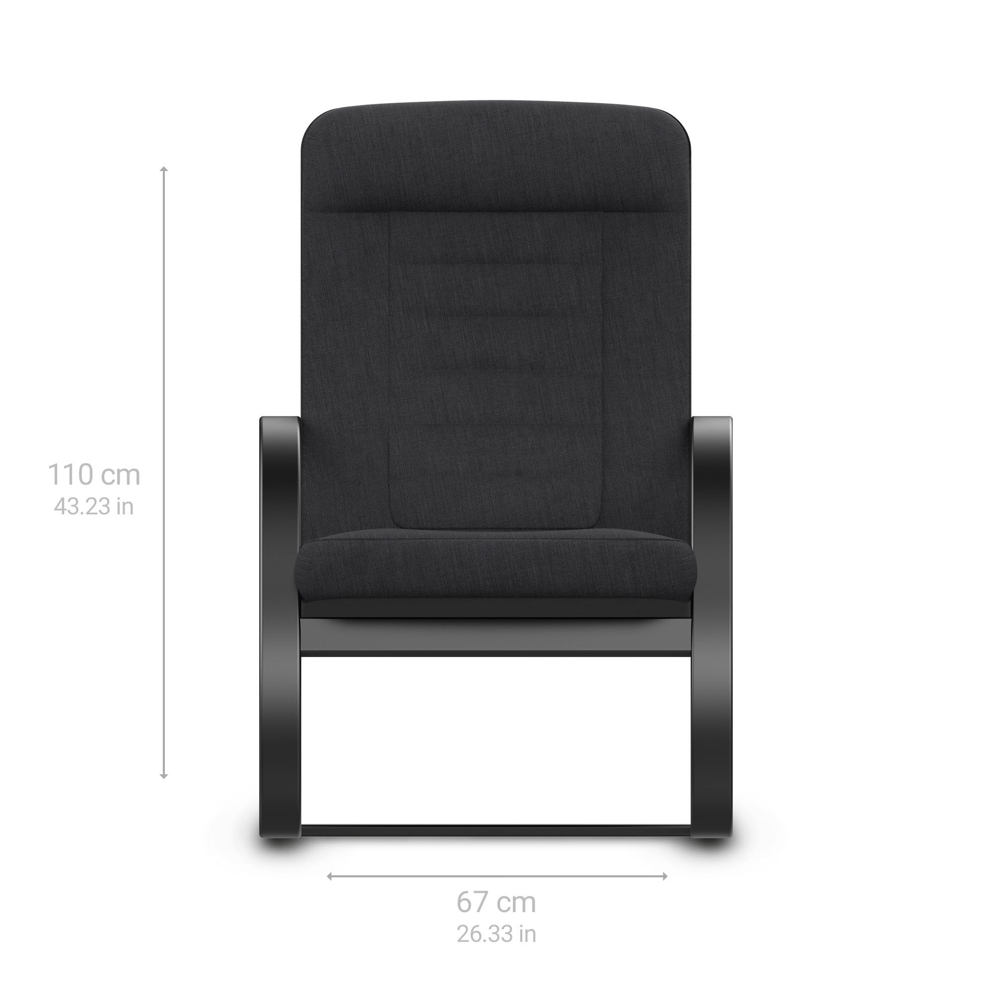Schwarzer Relaxsessel, 110 cm hoch und 67 cm breit, mit Metallrahmen.