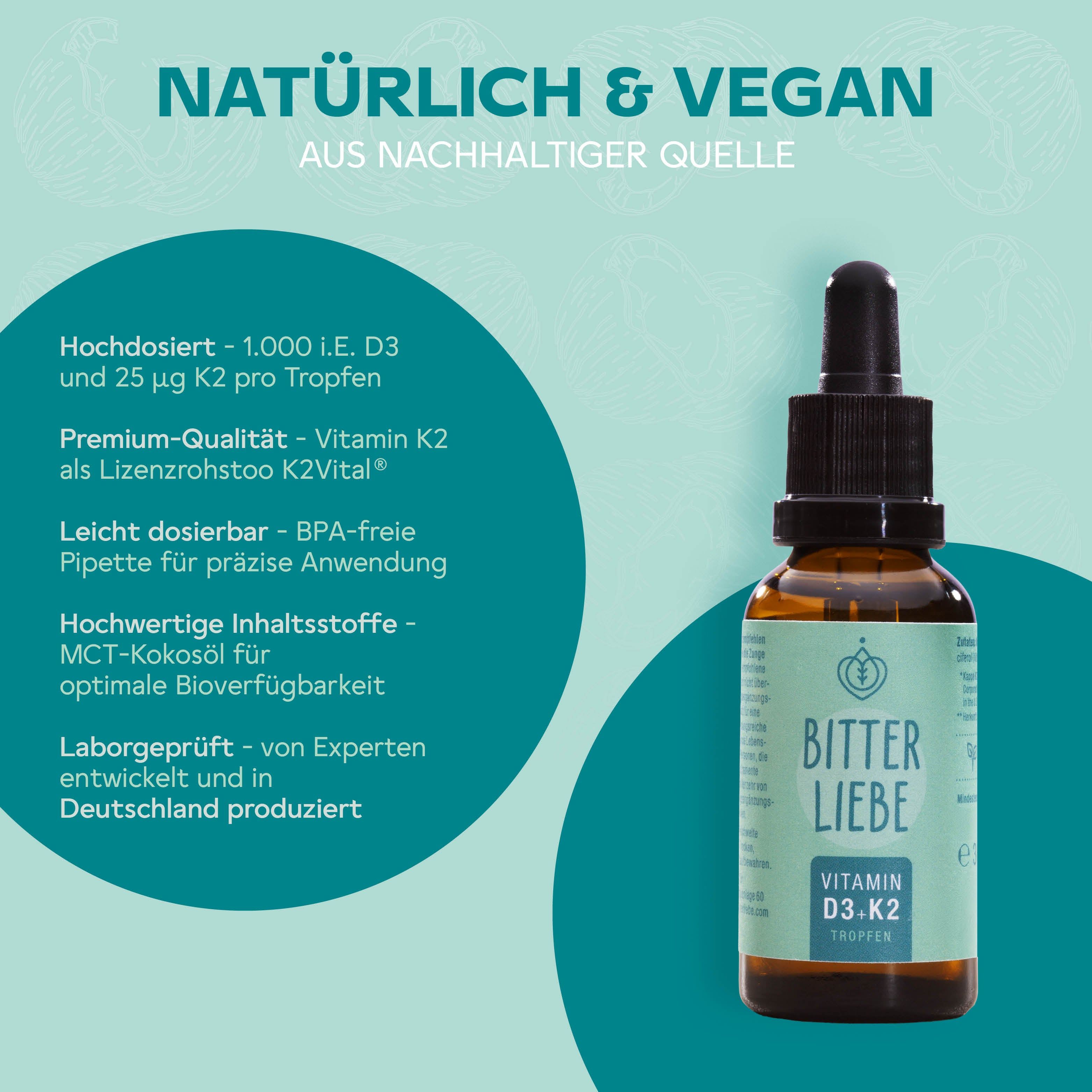 BitterLiebe - Vitamin D3 K2 Tropfen - hochdosiert und vegan - für starke Knochen und Immunsystem