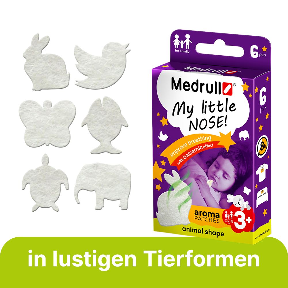 Sechs verschiedene Tierformen von Aroma-Pflastern.