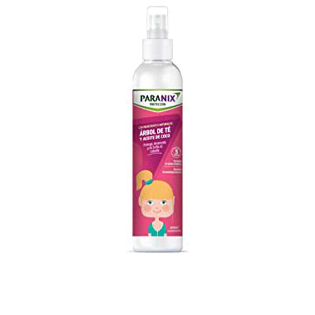 Transparente Flasche mit Sprühkopf. Etikett mit Mädchen-Illustration und Produktnamen. Grün-rosa Design.