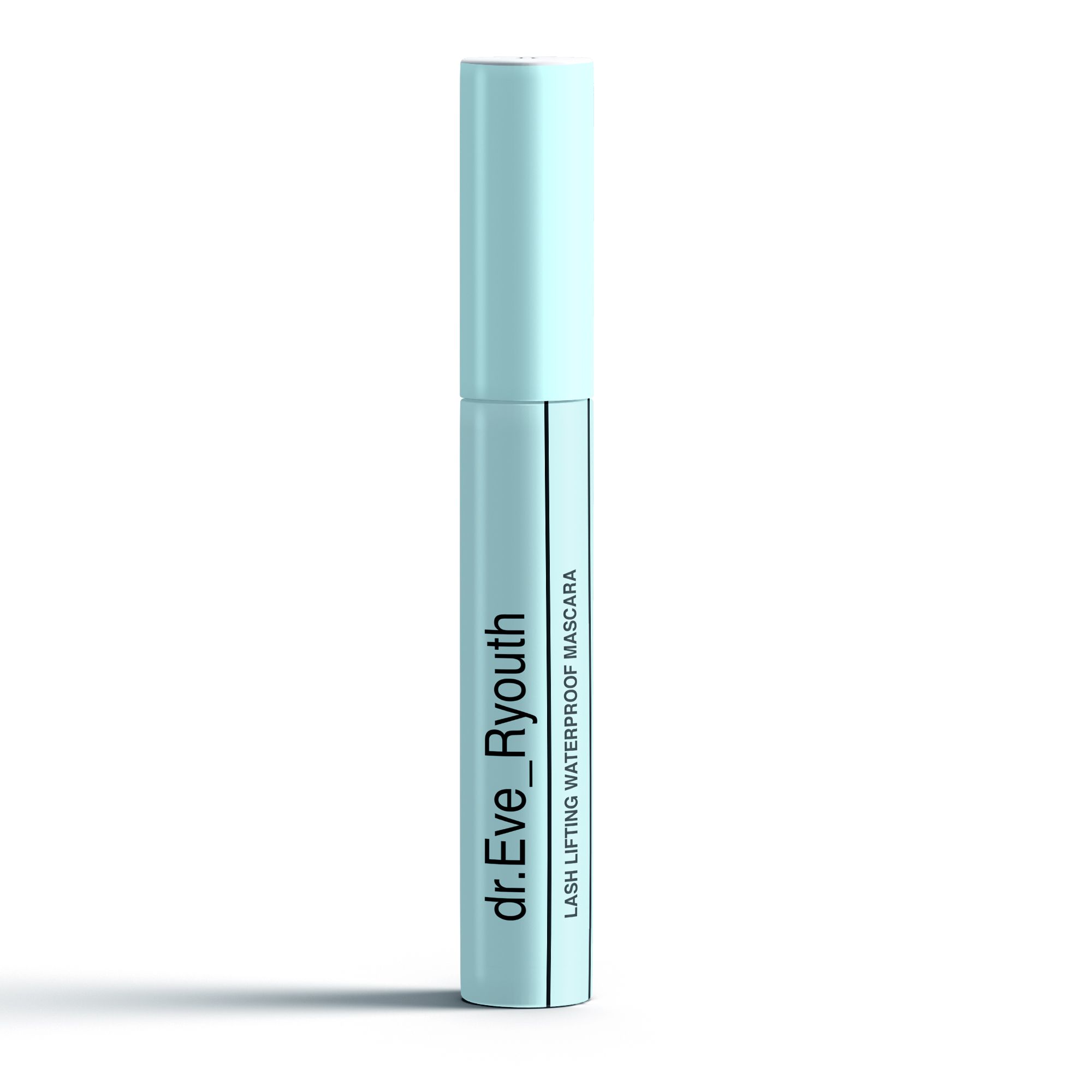 Lichtblauwe mascaratube met zilveren streep. Op de tube staat "dr.Eve_Ryouth" en "Lash Lifting Waterproof Mascara".