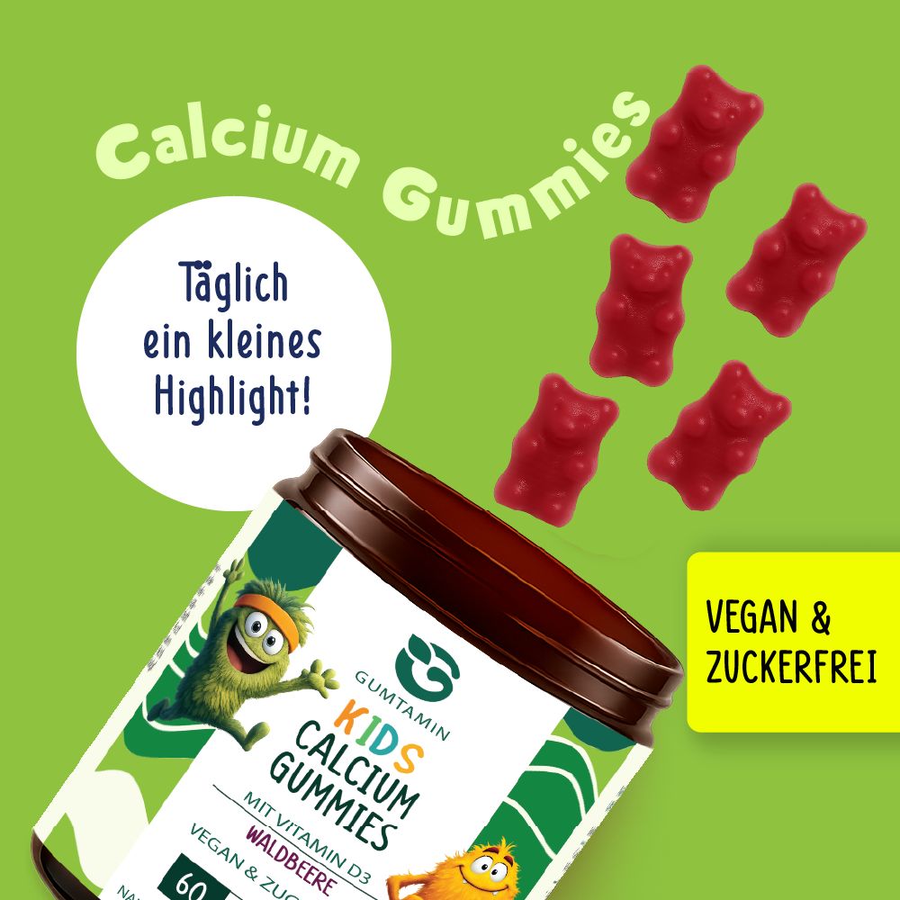 Dose Gumtamin Calcium + D3 Gummibärchen für Kinder. Gummibärchen fallen heraus. Text: Kids Calcium Gummies, Waldbeere, vegan & zuckerfrei.