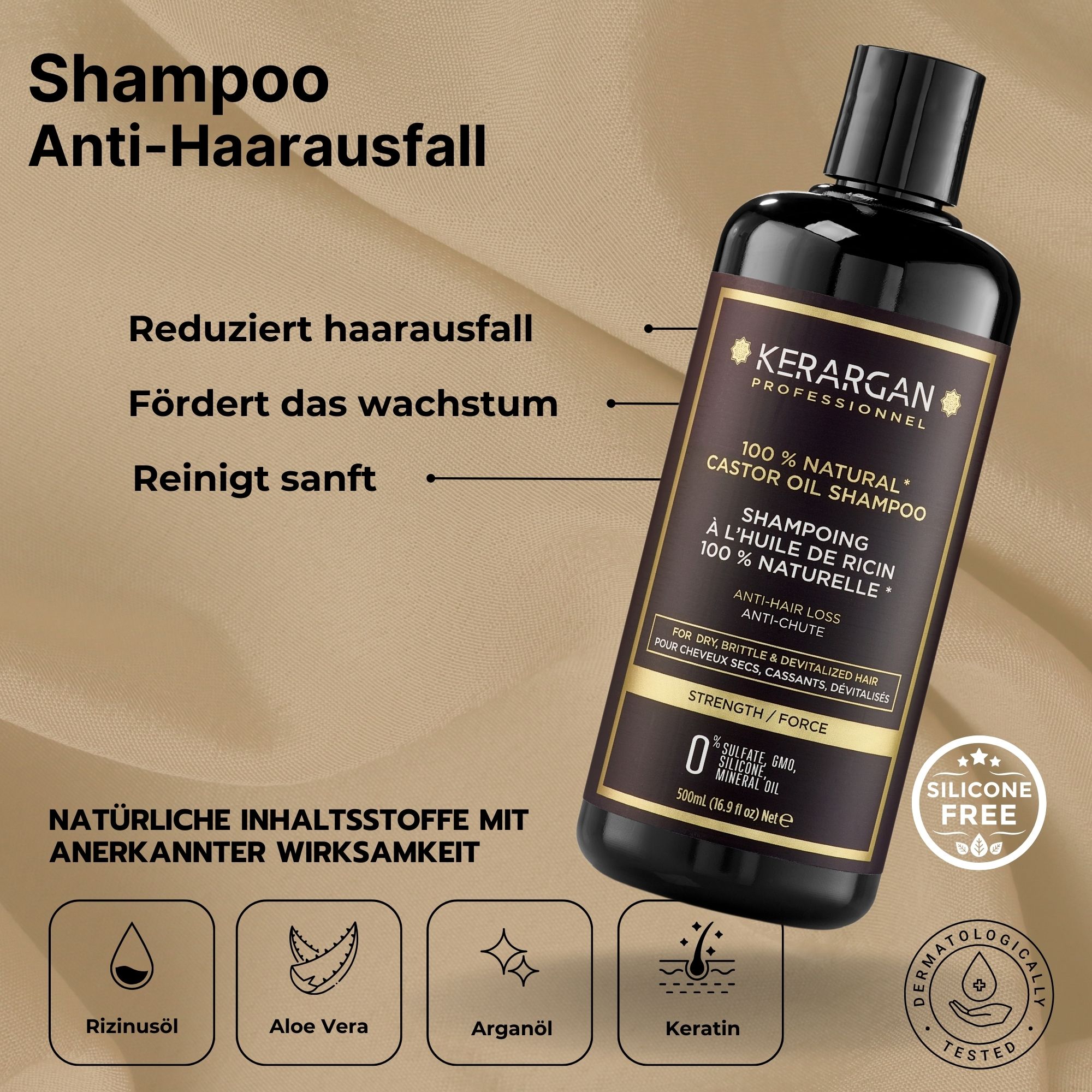 Kerargan Shampoo. Schwarze Flasche mit Etikett. Text: 100% Natural Castor Oil Shampoo. Anti-Haarausfall. 500ml.
