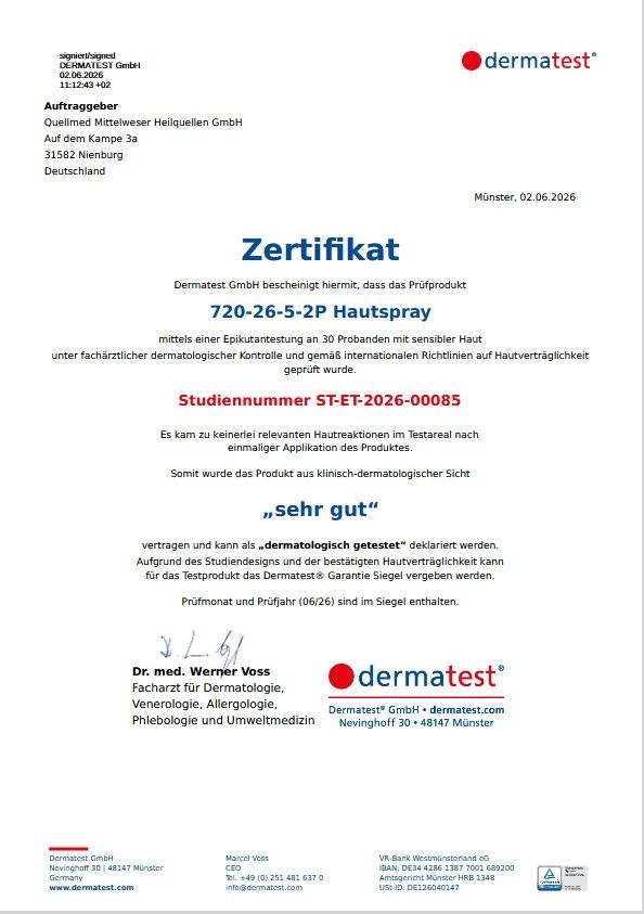 Zertifikat: "dermatest" vergibt "sehr gut" für SOURCE LAB Hautspray.
