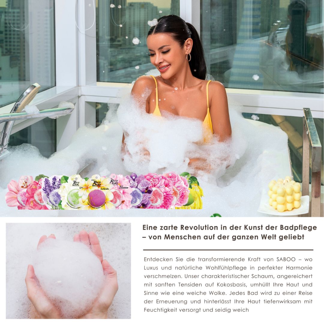 Frau in Badewanne mit Schaum. Im Hintergrund Stadt. Badbomben-Dekoration. Text: SABOO, Badpflege.