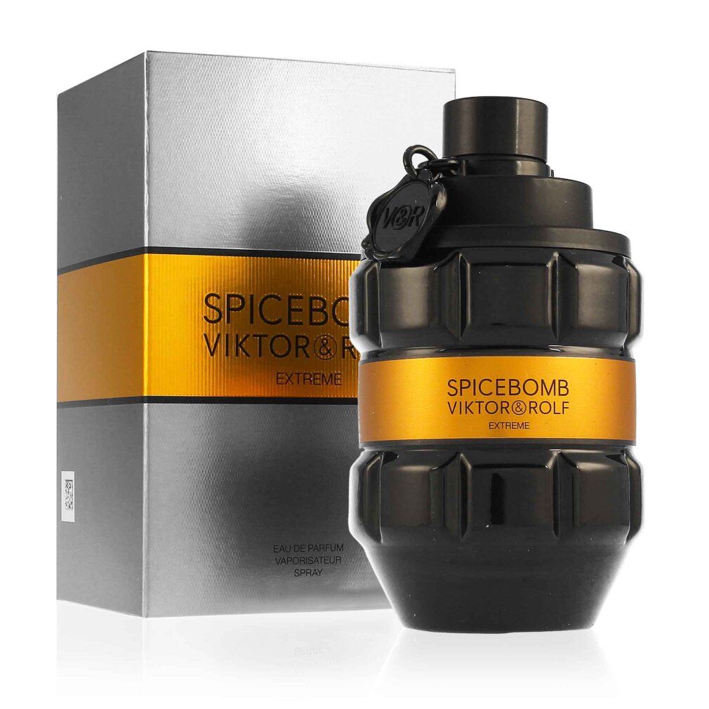 Schwarzer Flakon und silberne Schachtel. Aufschrift: SPICEBOMB VIKTOR&ROLF EXTREME. Eau de Parfum Vaporisateur Spray.