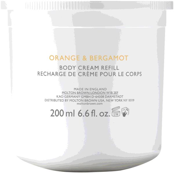 Weißer Behälter mit Orange & Bergamot Körpercreme Nachfüllung. Text und Logo. 200 ml.