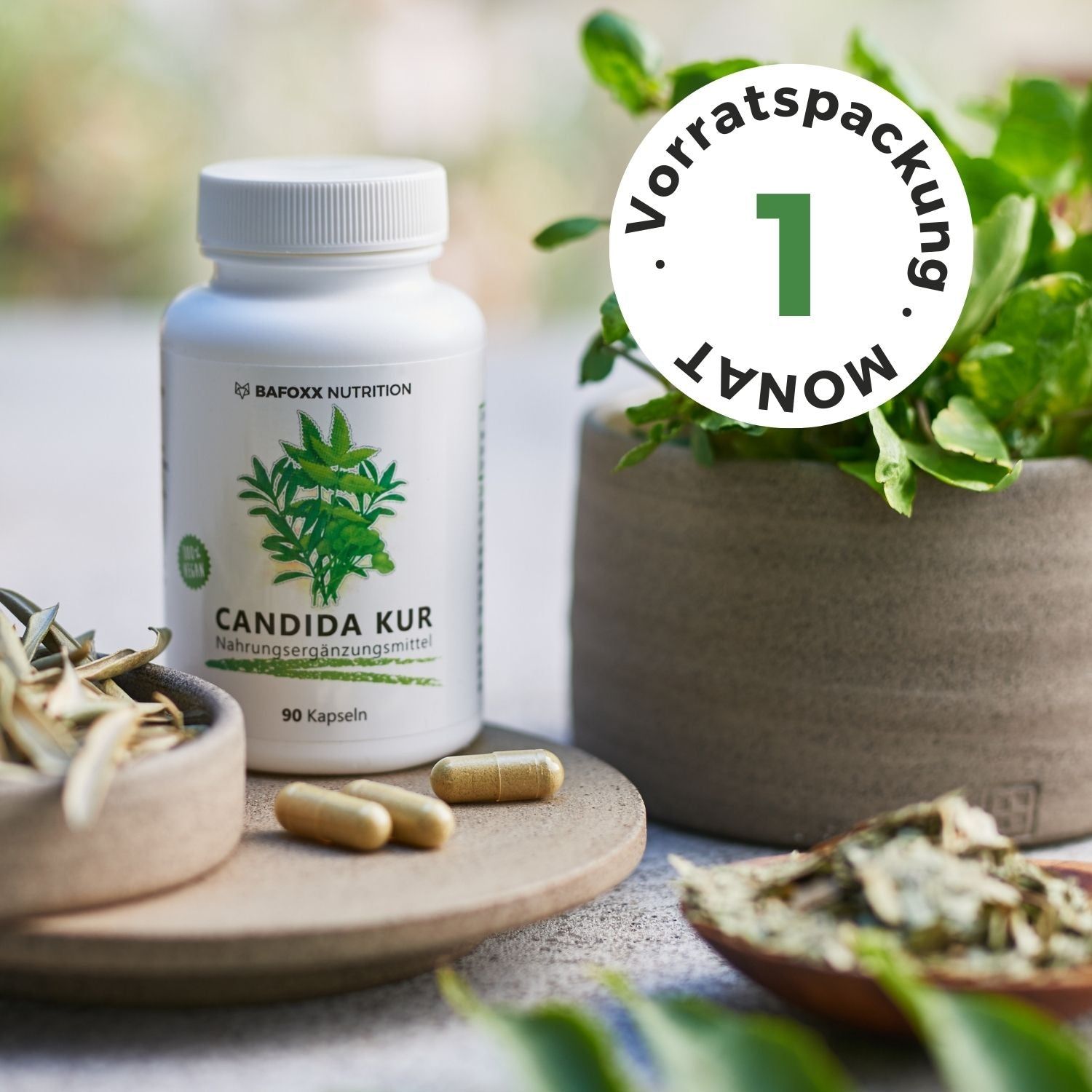 BAFOXX Nutrition CANDIDA KUR, 90 Kapseln. Aufschrift: Vorratspackung 1 Monat. Kapseln, Kräuter und Flasche auf Holzplatte.