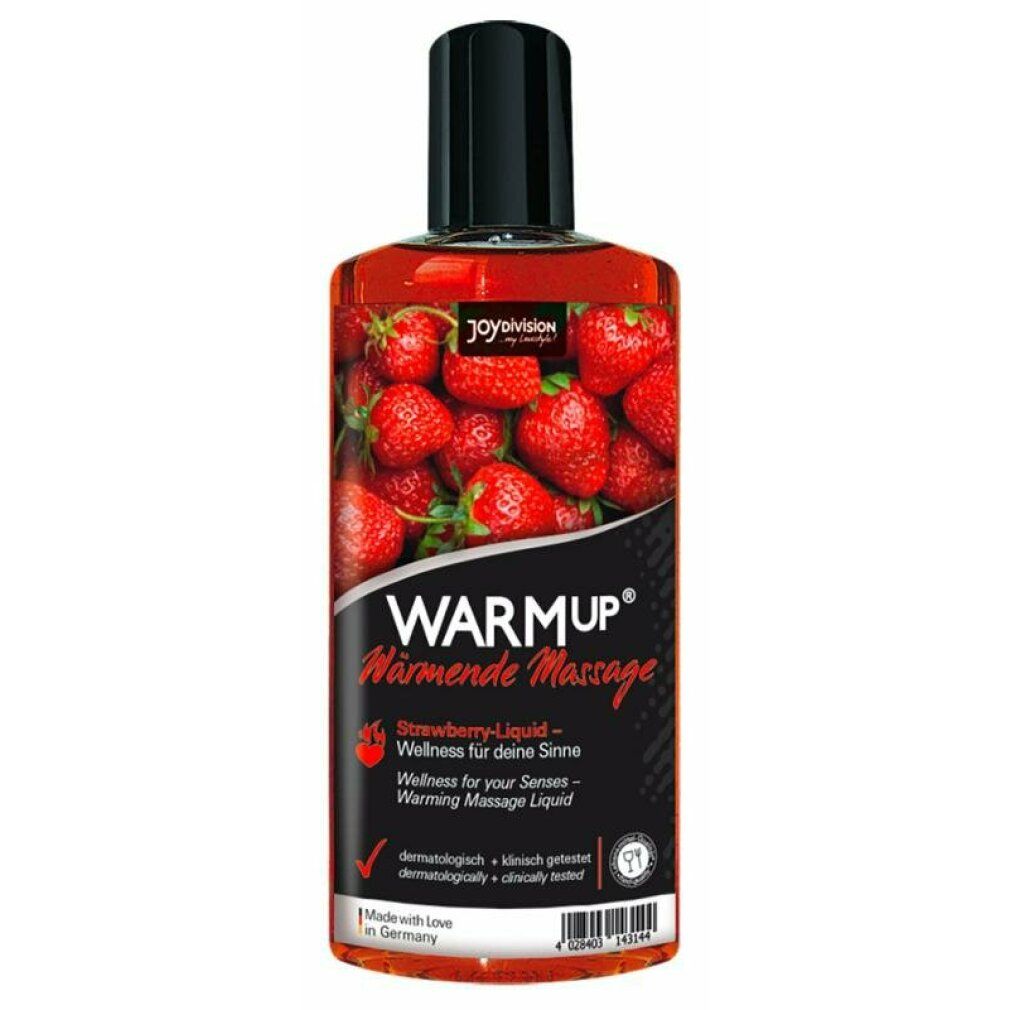 Flasche mit roter Flüssigkeit und schwarzem Verschluss. Aufschrift: WARMUP, Erdbeer-Liquid. Mit Erdbeeren im Hintergrund.