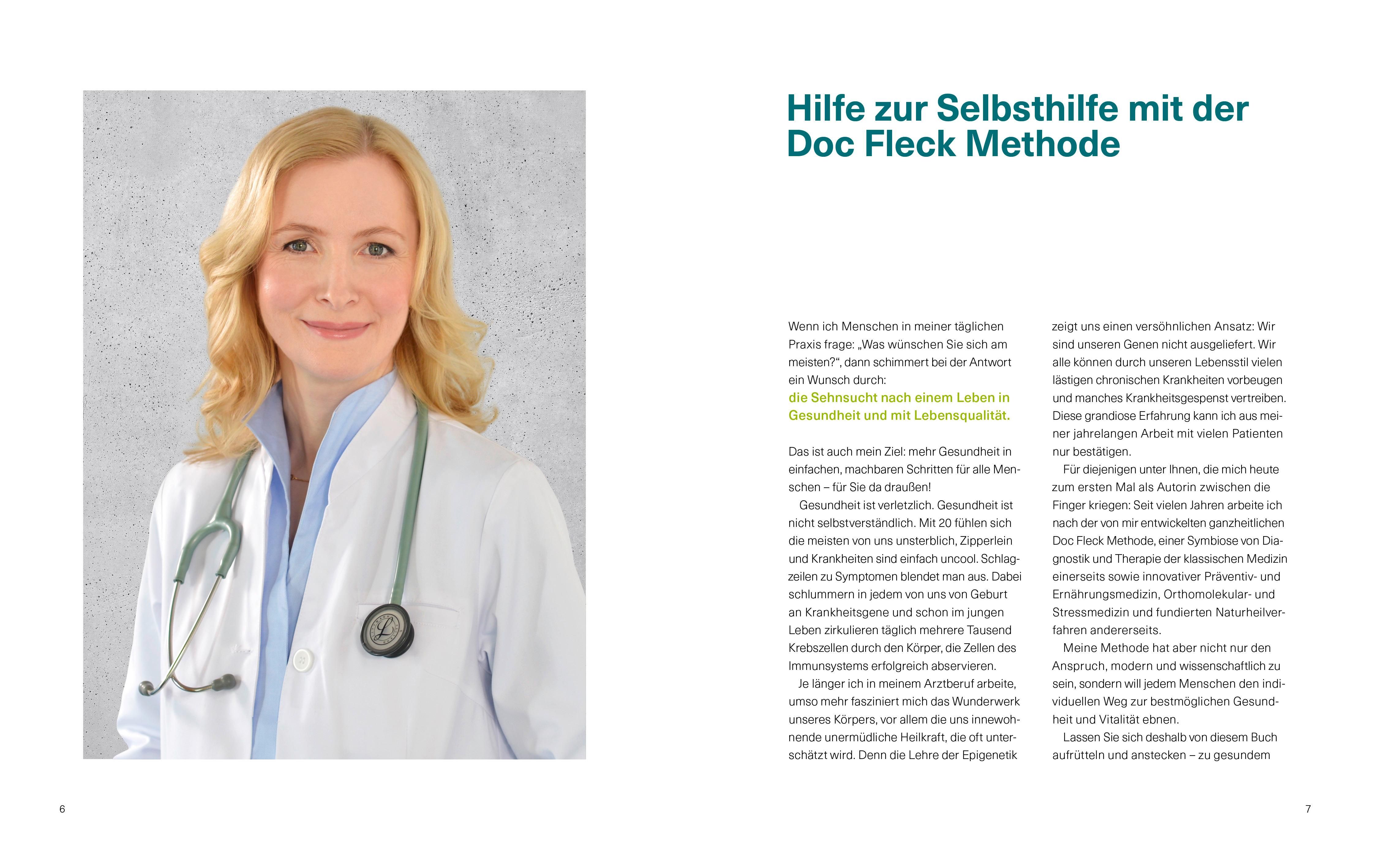 Buchseite mit Text und Foto von Dr. med. Anne Fleck. Thema: Hilfe zur Selbsthilfe mit der Doc Fleck Methode.